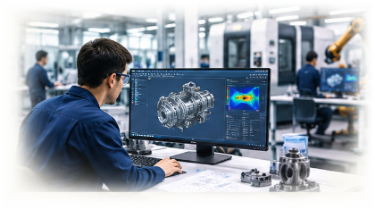 Automation and mechatronics engineer testing custom processing machinery in R&D laboratory