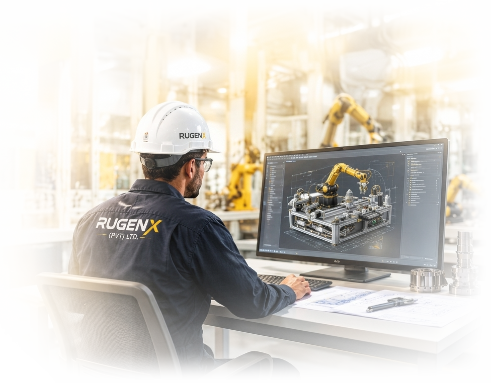 RUGENX Engineer working on 3D CAD simulation and industrial automation workstation