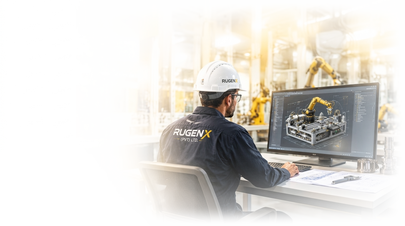 RUGENX Engineer working on 3D CAD simulation and industrial automation workstation