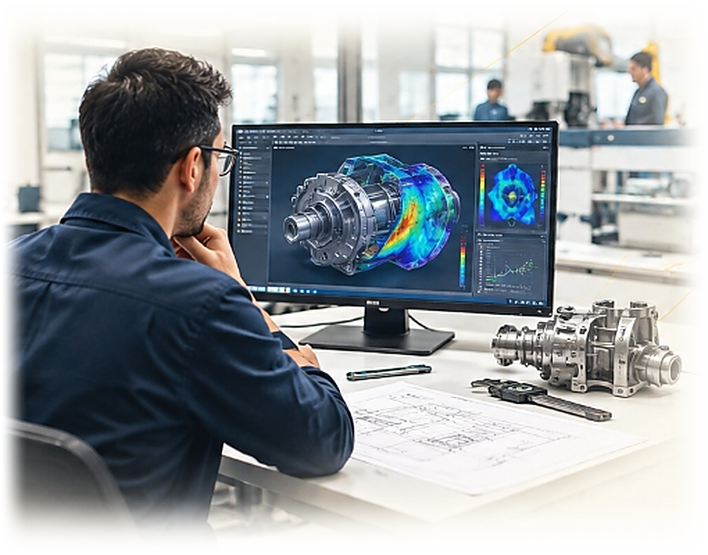 Mechanical engineer analyzing 3D CAD turbine model and FEA simulation at industrial engineering workstation