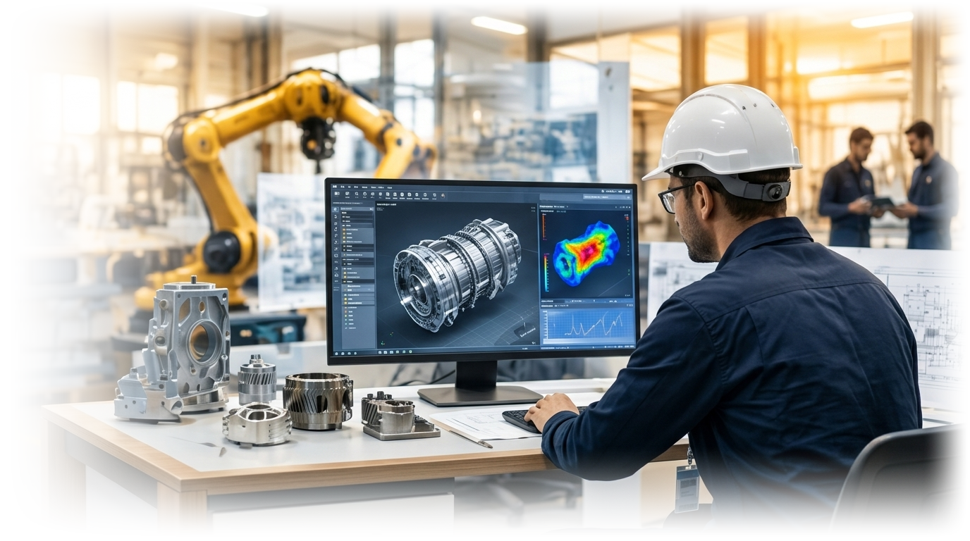 Professional mechanical engineer analyzing 3D CAD turbine and simulation at industrial workstation